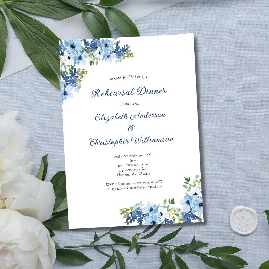 Invitation Bleu Floral Aquarelle Verdure Dîner de répétition