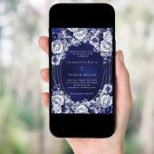 Invitation Bleu floral argent cadre mariage