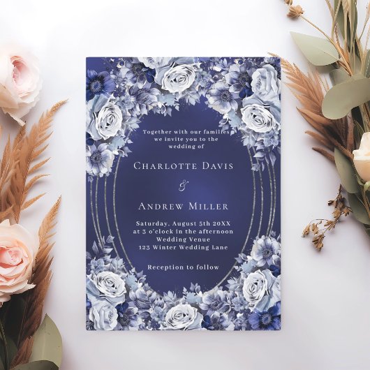 Invitation Bleu floral argent cadre mariage