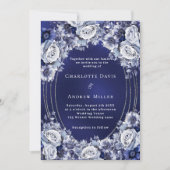 Invitation Bleu floral argent cadre mariage (Devant)