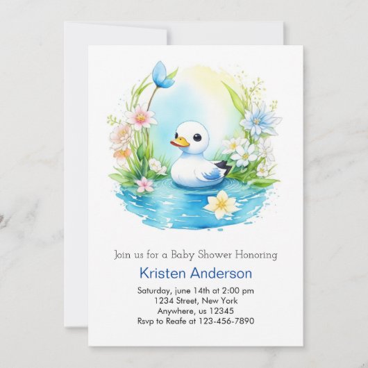 Invitation Bleu Floral Blissful Duck Boy Baby shower (Devant)