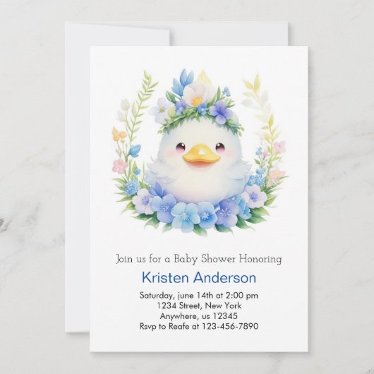 Invitation Bleu Floral Blissful Duck Meadow Boy Baby shower (Devant)