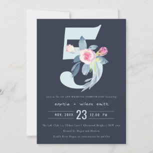 INVITATION BLEU FLORAL BLUSH MARINE 5ÈME ANNIVERSAIRE TOUTE A