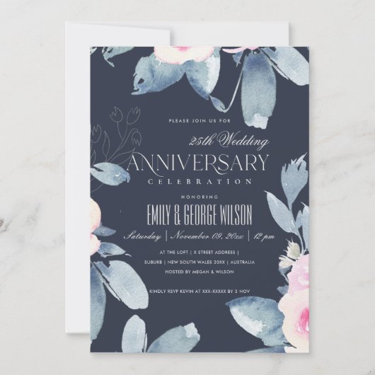 Invitation BLEU FLORAL BLUSH NAVY 25e ANNIVERSAIRE TOUTE ANNÉ (Devant)
