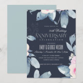 Invitation BLEU FLORAL BLUSH NAVY 25e ANNIVERSAIRE TOUTE ANNÉ (Devant / Derrière)