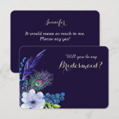 Invitation Bleu Floral Bohème Plume Demoiselle d'Honneur (Devant / Derrière)