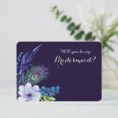 Invitation Bleu Floral Bohème Plume Demoiselle d'Honneur (Debout devant)