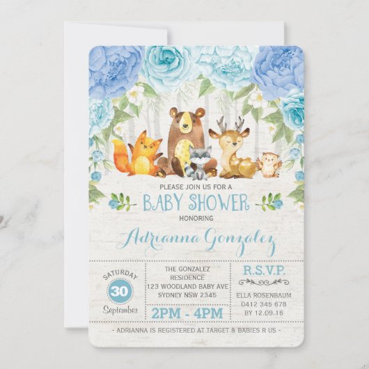 Invitation Bleu Floral Bois Animaux Bois Baby shower (Devant)