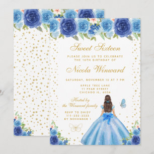 Invitation Bleu Floral Brunette Cheveux Princesse Sweet Seize
