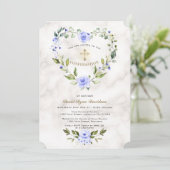Invitation Bleu Floral Coeur Cadre Marbre Boy Confirmation (Debout devant)