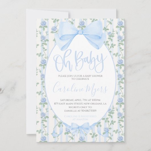 Invitation Bleu Floral Coquette Bow Baby Boy (Devant)