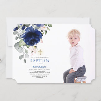 Invitation Bleu floral de la Marine tendance Boy Photo Or Bap