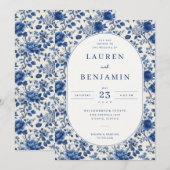 Invitation Bleu Floral Élégant (Devant / Derrière)