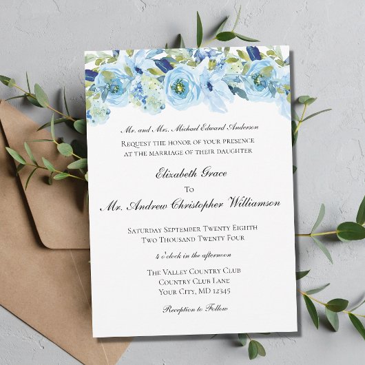 Invitation Bleu Floral Élégant Formel Traditionnel Mariage