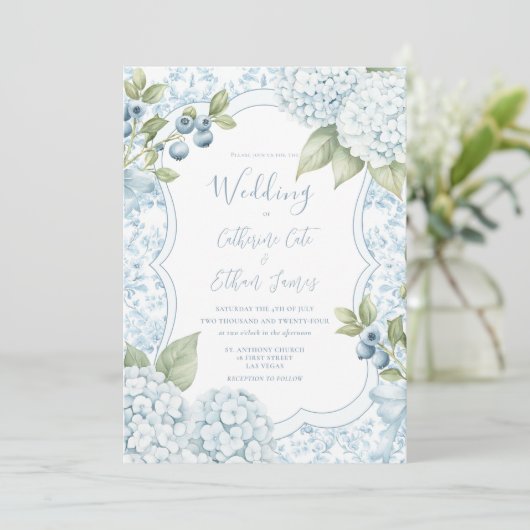 Invitation Bleu Floral Élégant Mariage Hydrangea Bleue (Debout devant)