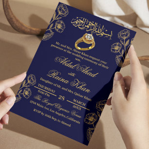 Invitation Bleu floral et or Engagement Musulman Islamique