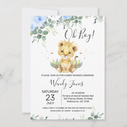 Invitation Bleu Floral Eucalyptus Lion Baby shower King (Devant)