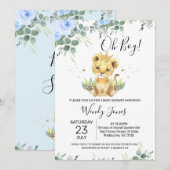 Invitation Bleu Floral Eucalyptus Lion Baby shower King (Devant / Derrière)