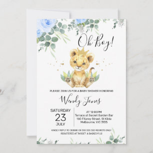 Invitation Bleu Floral Eucalyptus Lion Baby shower King