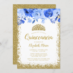 Invitation Bleu Floral Faux Gold Parties scintillant Tiara Qu