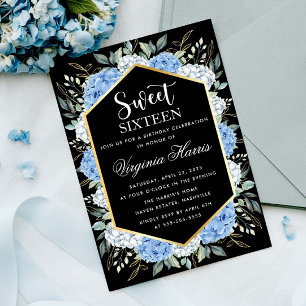 Invitation Bleu Floral Feuille Sweet sixteen noir 16 Annivers