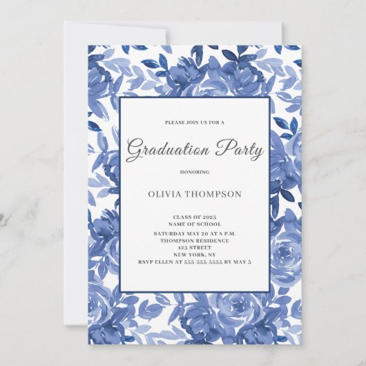 Invitation Bleu Floral Graduation Party (Devant)