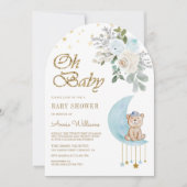 Invitation Bleu Floral Lune mignonne Teddy Bear Arch Baby sho (Devant)