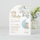 Invitation Bleu Floral Lune mignonne Teddy Bear Arch Baby sho (Debout devant)