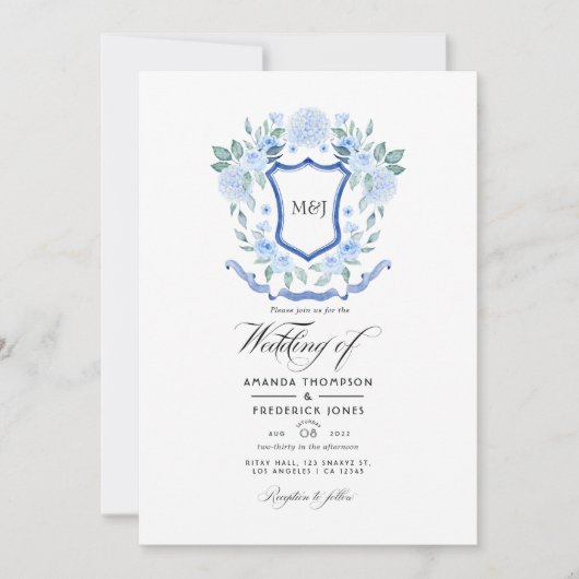 Invitation Bleu Floral Monogram Crest Mariage Photo (Devant)