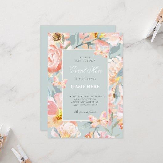 Invitation Bleu floral rose pastel (Devant/Arrière en situation)