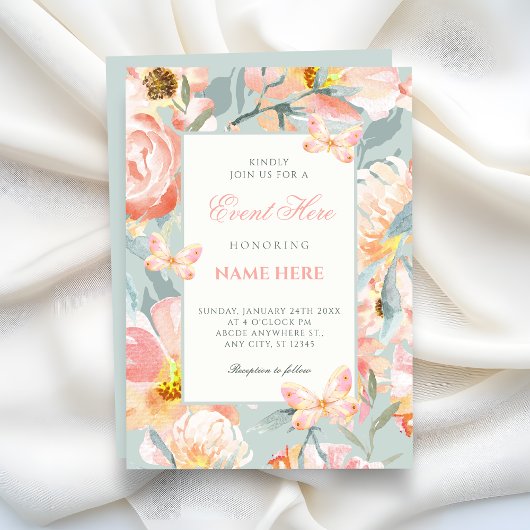 Invitation Bleu floral rose pastel