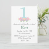 Invitation Bleu floral, rose pastel pour un 1er anniversaire  (Debout devant)