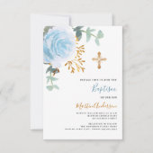 Invitation Bleu floral rose verdure croix or garçon baptême (Devant)