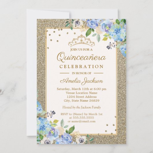 Invitation Bleu Floral Sparkle Quinceanera (Devant)