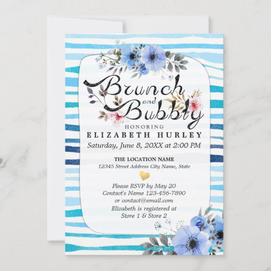 Invitation Bleu Floral Stripes Brunch & Bubbly Fête des marié (Devant)