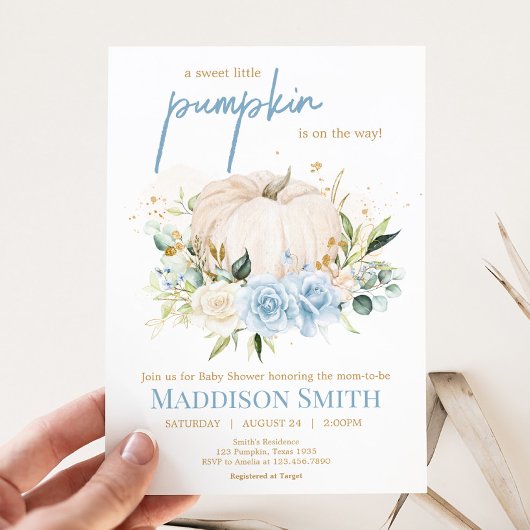 Invitation Bleu Floral Sweet Petit Baby shower Citrouille