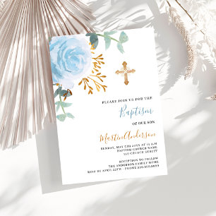 Invitation Bleu floral verdure or croix garçon luxe baptême