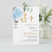 Invitation Bleu floral verdure or croix garçon luxe baptême (Debout devant)
