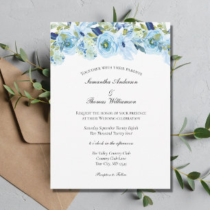Invitation Bleu Floral Vert Élégant Mariage moderne