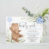 Invitation Bleu floral vert ours ballon garçon baby shower (Debout devant)