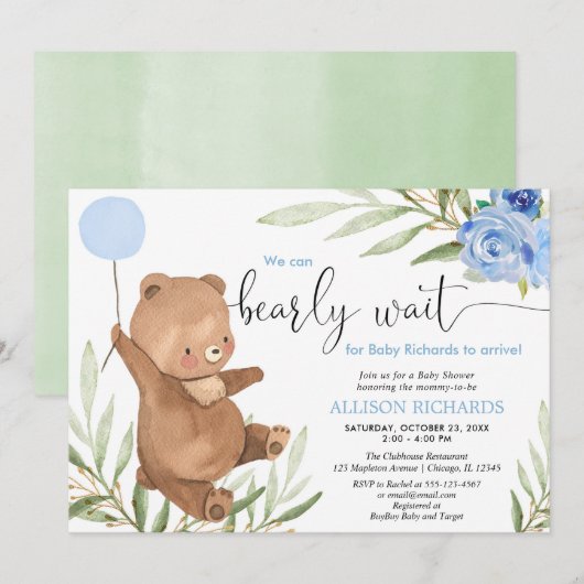 Invitation Bleu floral vert ours ballon garçon baby shower (Devant / Derrière)
