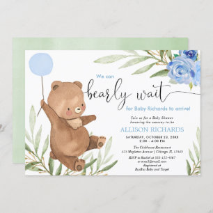 Invitation Bleu floral vert ours ballon garçon baby shower