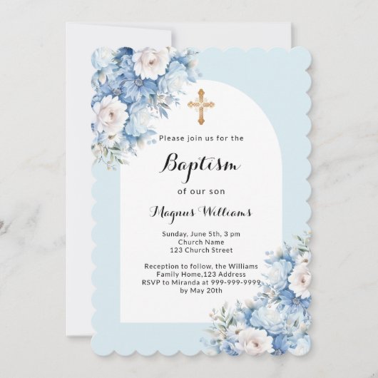 Invitation Bleu floraux arc croix garçon baptême (Devant)