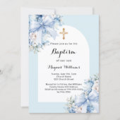 Invitation Bleu floraux arc croix garçon baptême (Devant)