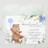 Invitation Bleu Flore Vert Ours Balloon Baby shower garçon (Devant / Derrière)