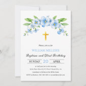 Invitation Bleu flores or croix baptême et premier anniversai (Devant)