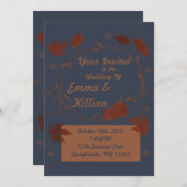 Invitation Bleu foncé Automne Citrouille & Feuille (Devant / Derrière)