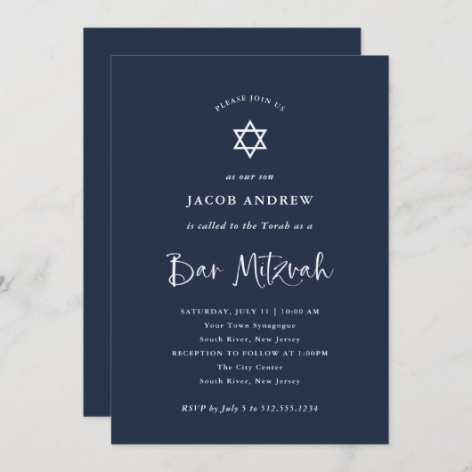 Invitation Bleu foncé avec calligraphie blanche | Bar Mitzvah (Devant / Derrière)