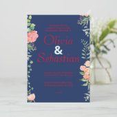 Invitation Bleu foncé avec typographie rouge mariage élégant (Debout devant)