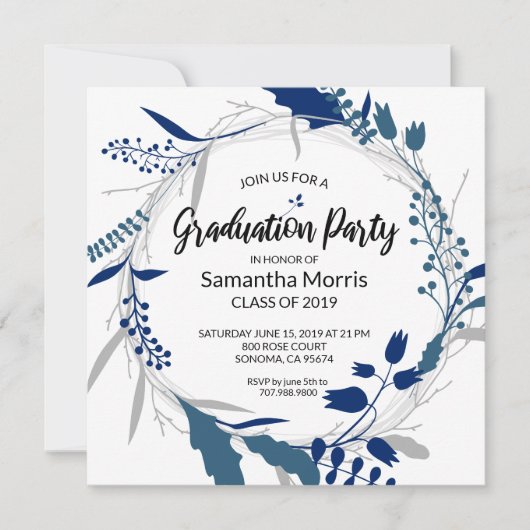 Invitation Bleu foncé Boho Floral Wreath Party (Devant)
